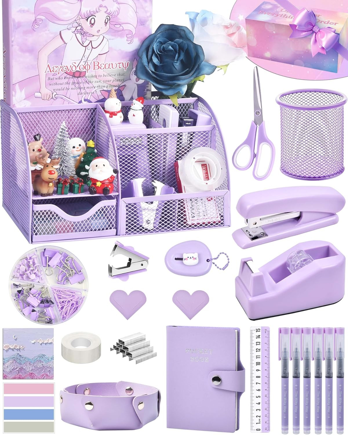 Purple Desk Accessories, 26Pcs Office Supplies and Desk Organizers, with Tape Di
