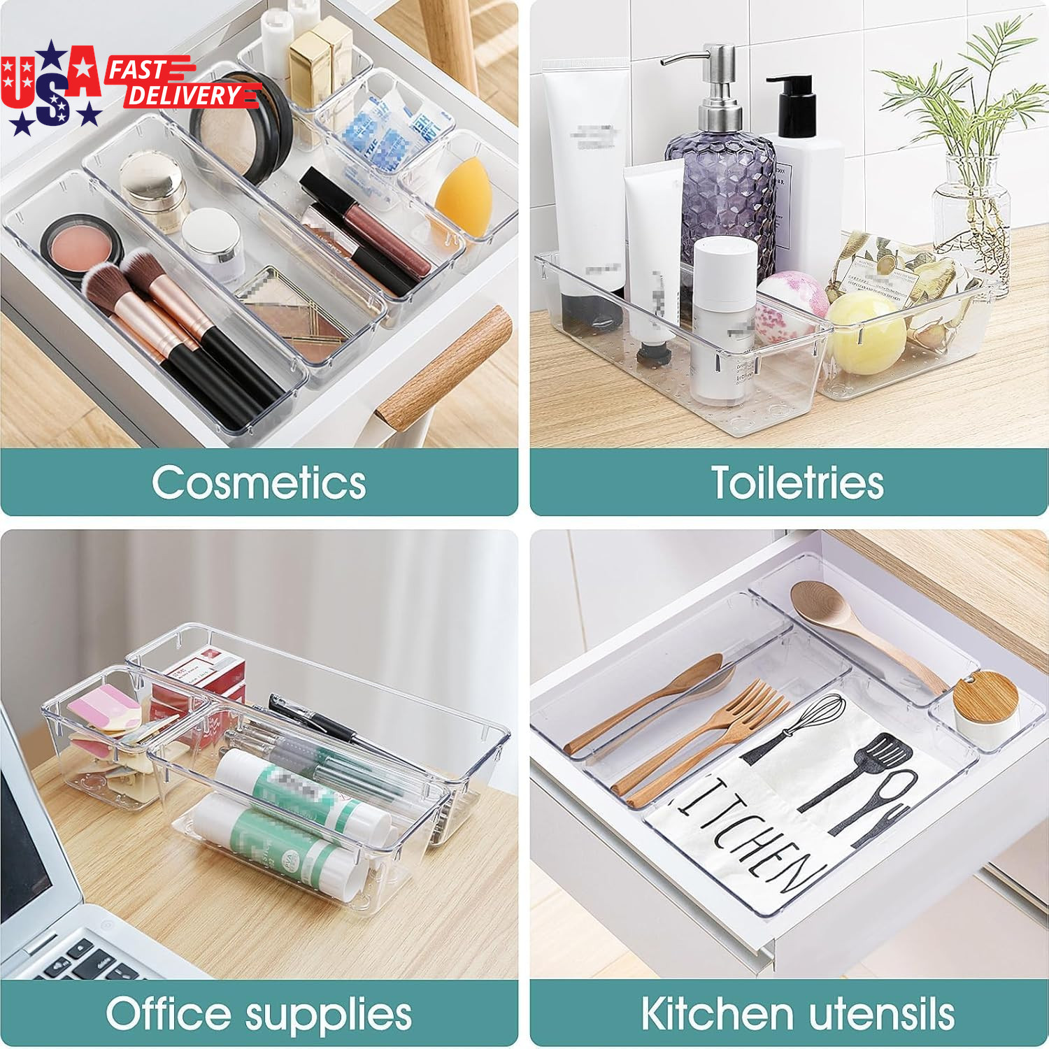 25 PCS Clear Plastic Drawer Organizer Set, 4 Sizes Desk Drawer Divider Organizer