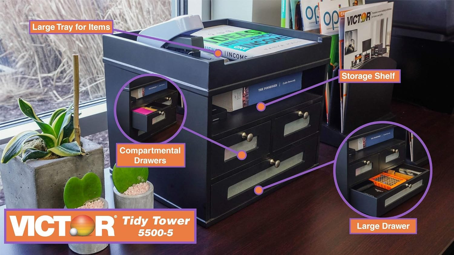 Wood Midnight Black Collection, Tidy Tower Desktop Organizer, Black, (5500-5)