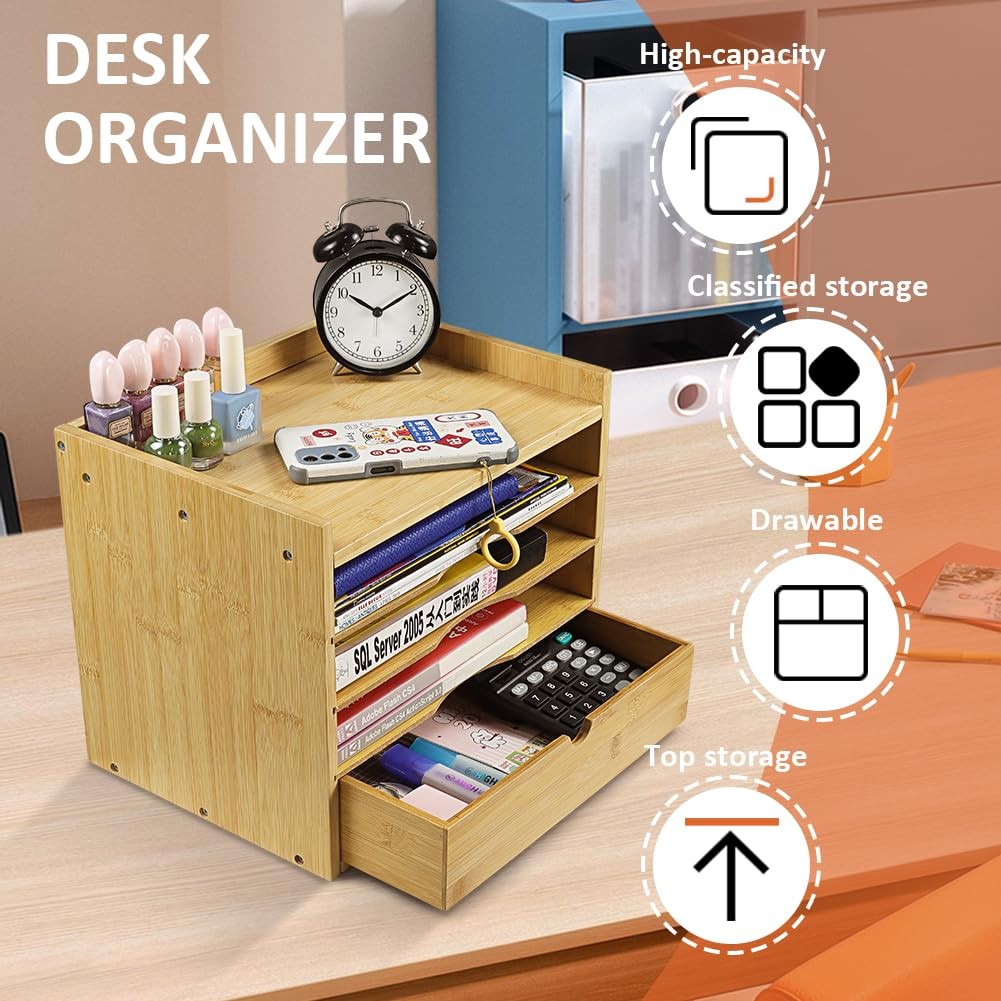 5-Tier Bamboo Desk Organizer with Drawer Tabletop File Organizer Document Hol…