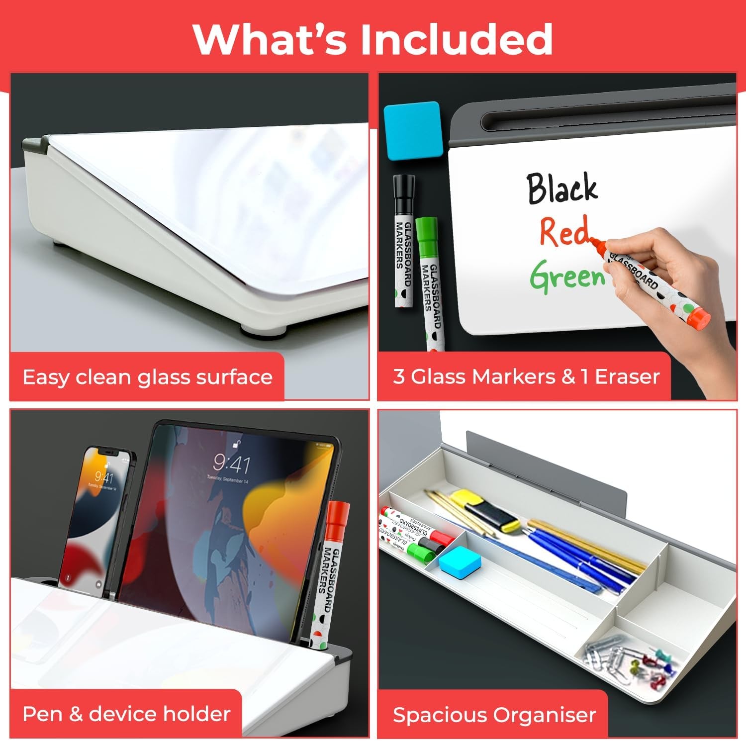 Chalkola Glass Desktop Whiteboard with Storage – Dry 16″ x 7″ x 2″, White