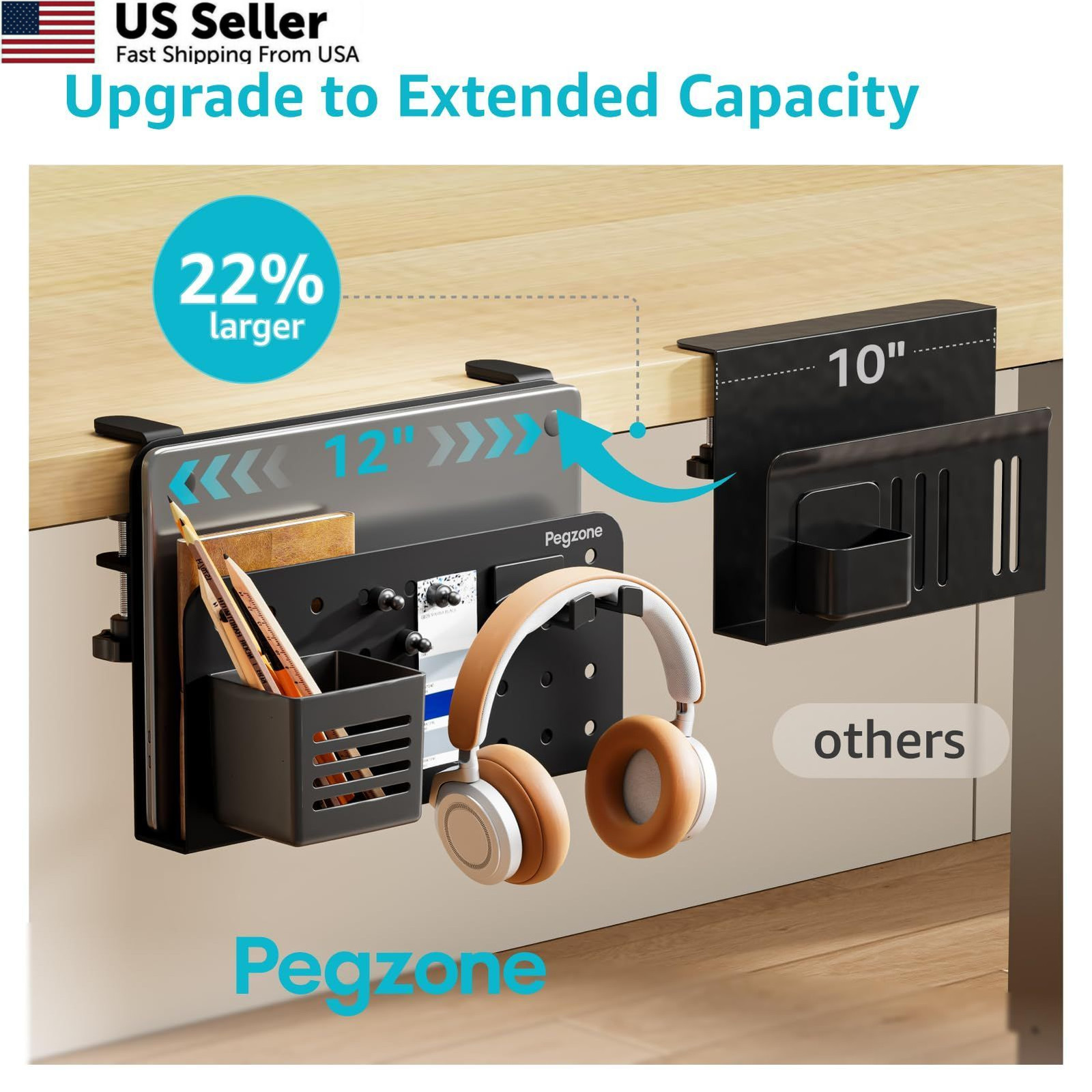 PEGZONE Desk Side Storage Organizer, No Drill 1.8 x 12 x 8.5 inches, Black
