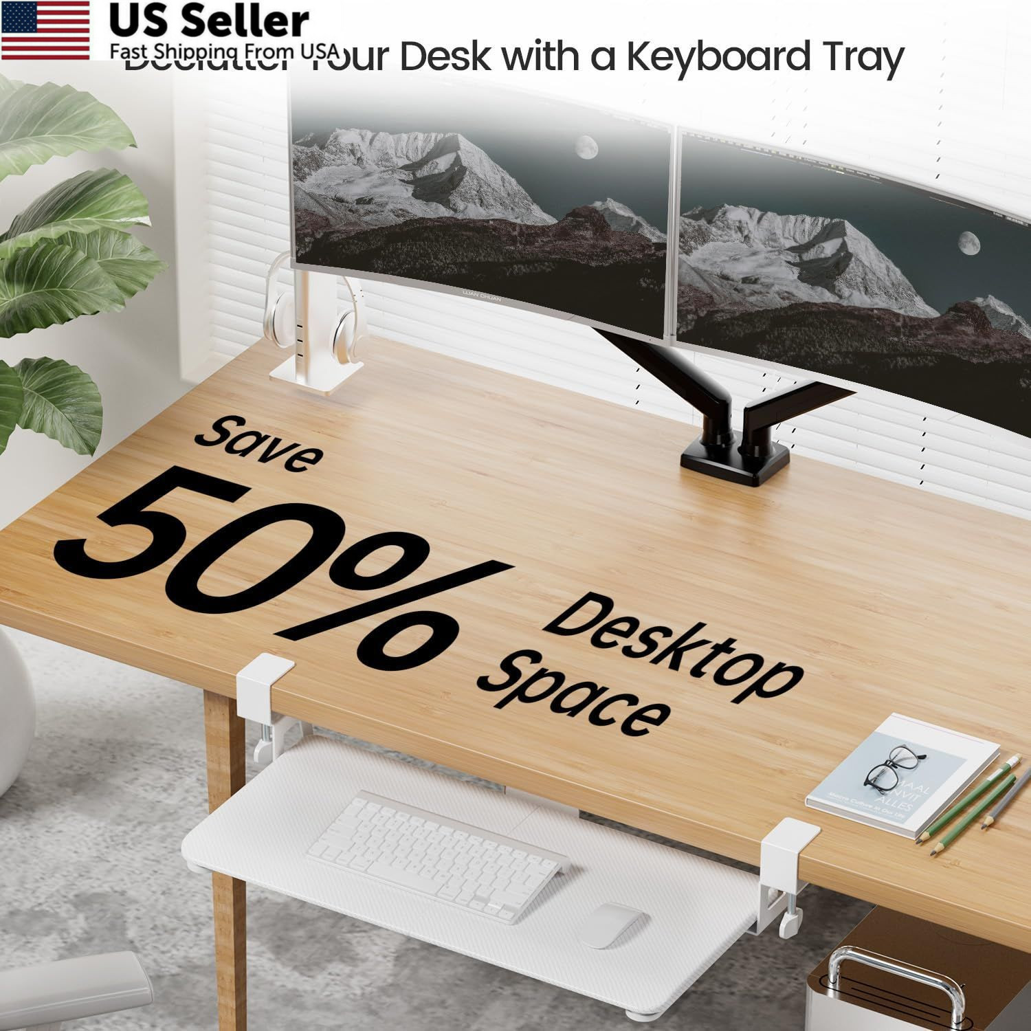 NearHub Large Keyboard Tray Under Desk Slide Out with Extra Sturdy C White