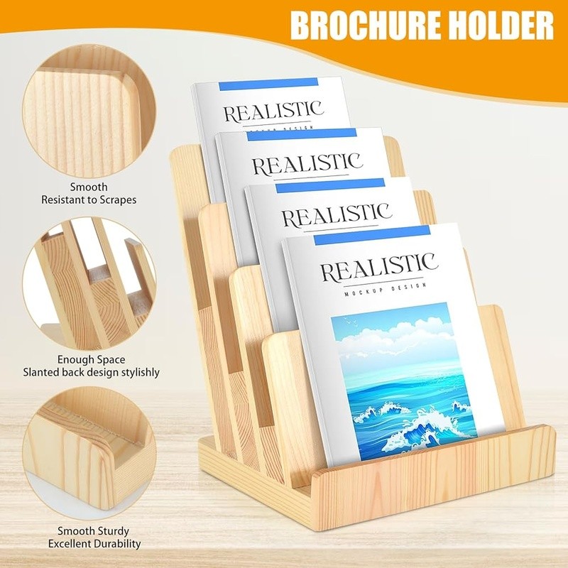 Pine Wood Brochure Holder 4-Tier Display Stand Desk Literature Organizer New
