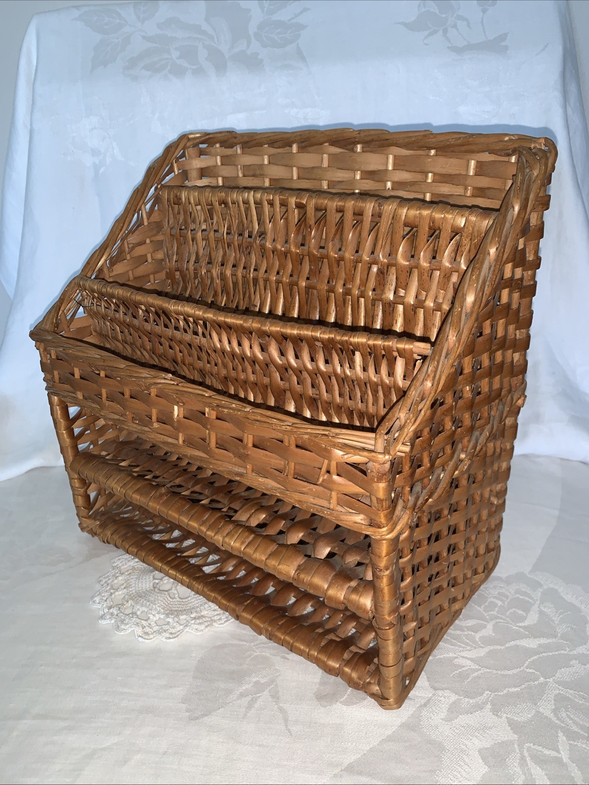 Vintage Wicker Desk Organizer Mail Letter Holder Shelf Tiered 10.5”x6”x11”