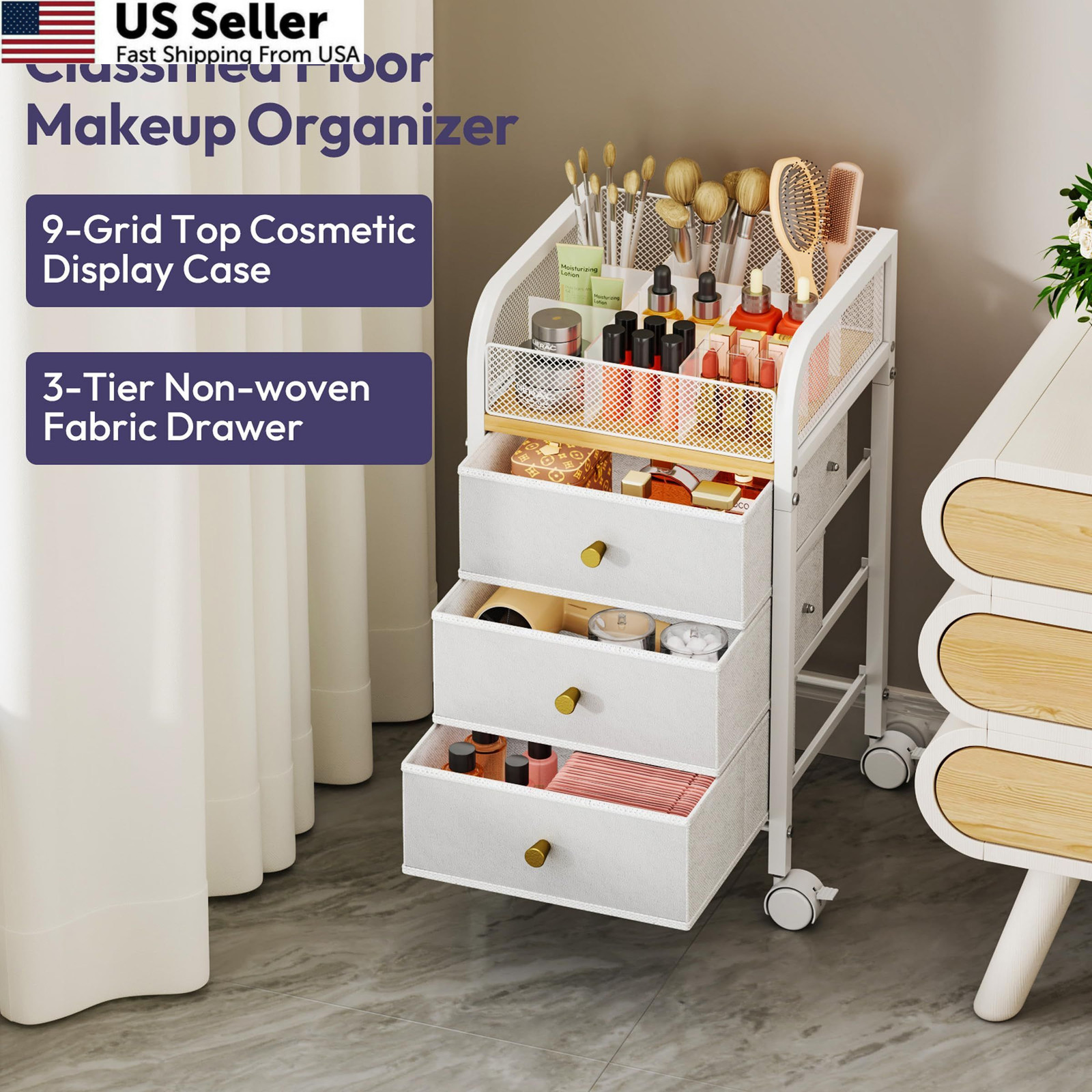 SWTYMIKI Rolling Makeup Organizer Cart – Under Desk Vanity 4-Tier, White
