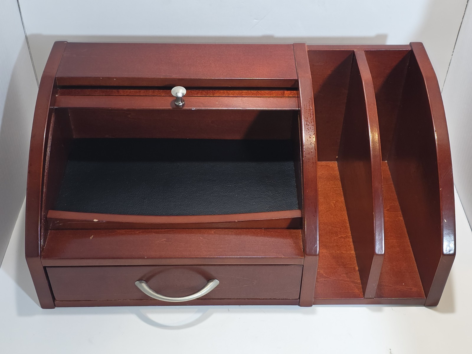 Mahogany Desk Organizer w/ Roll-Top Storage & Drawer 15 × 8