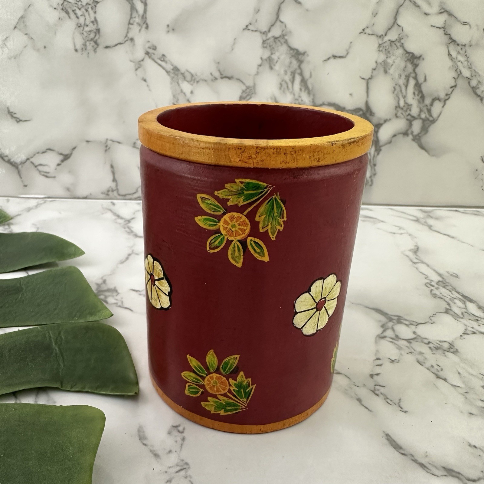 Vintage Y2k Wood Pen Cup Desk Organizer Red Yellow Painted Floral Boho Pencil