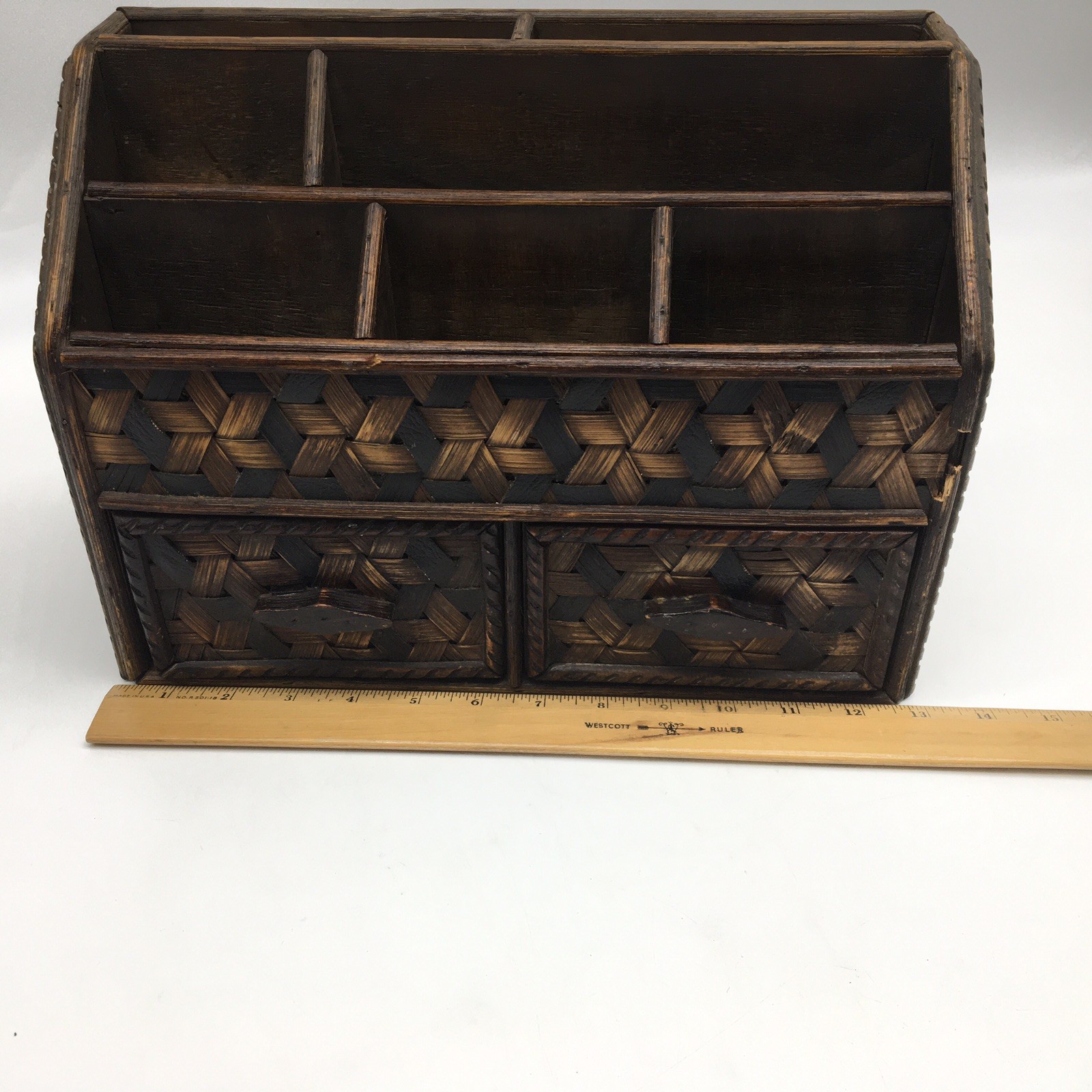 Vtg Wood + Woven Bamboo Desk Organizer Divider 2 Drawers Letter Holder Utensils