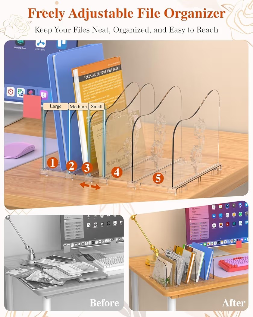 Adjustable Rose File Organizer for Desk, Vertical File Folder Holders for…