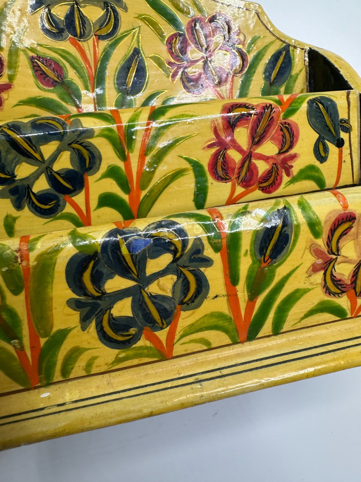 Desktop Letter Holder Yellow Painted Floral Organizer Paper Mache