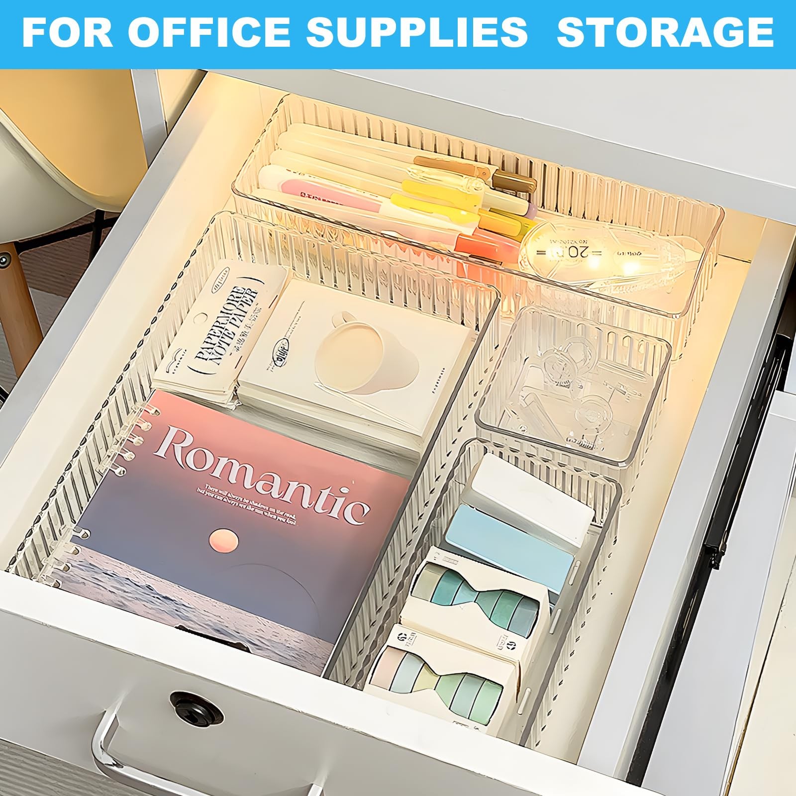 7 PCS Clear 4 Size Stackable Plastic Makeup Drawer Organizer Storage Bins