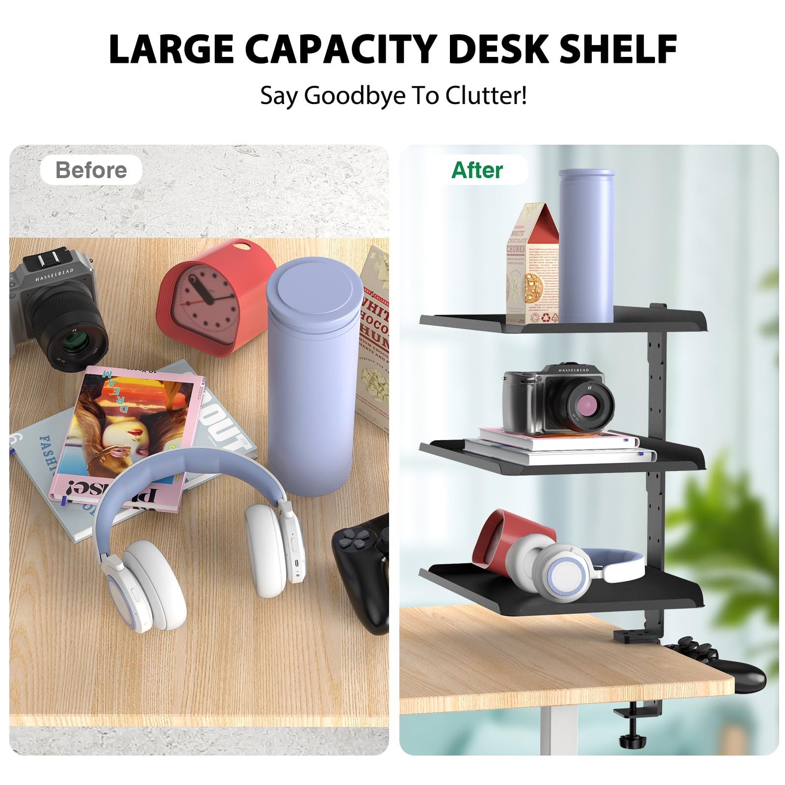 ROLIZOE 3 Tier Clamp On Desk Shelf, No 17.56 x 11.02 x 6.89 inches, Black