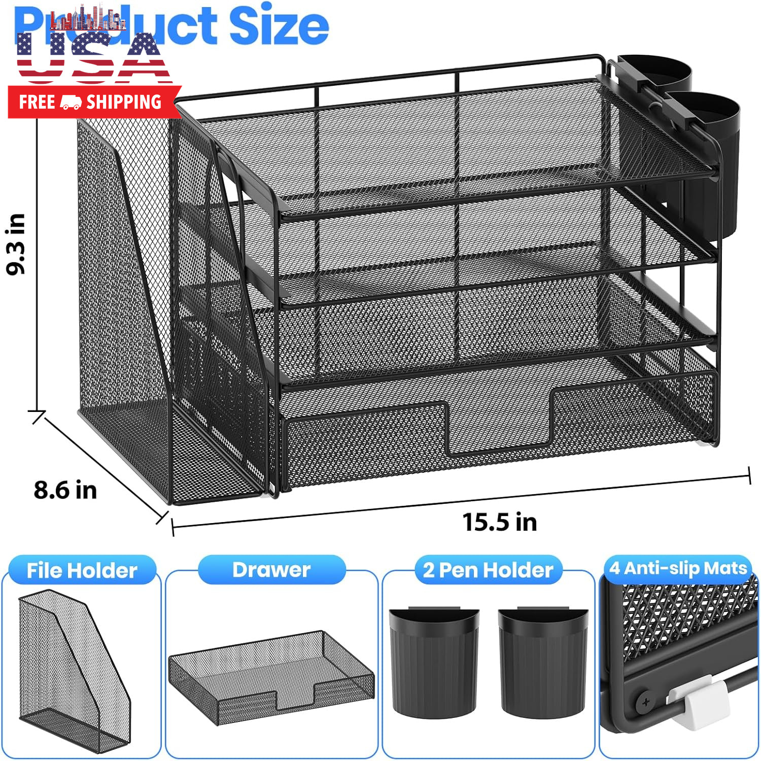 Desk Organizer, 4-Tier Desktop File Organizer with Drawer and 2 Pen Holders, Off