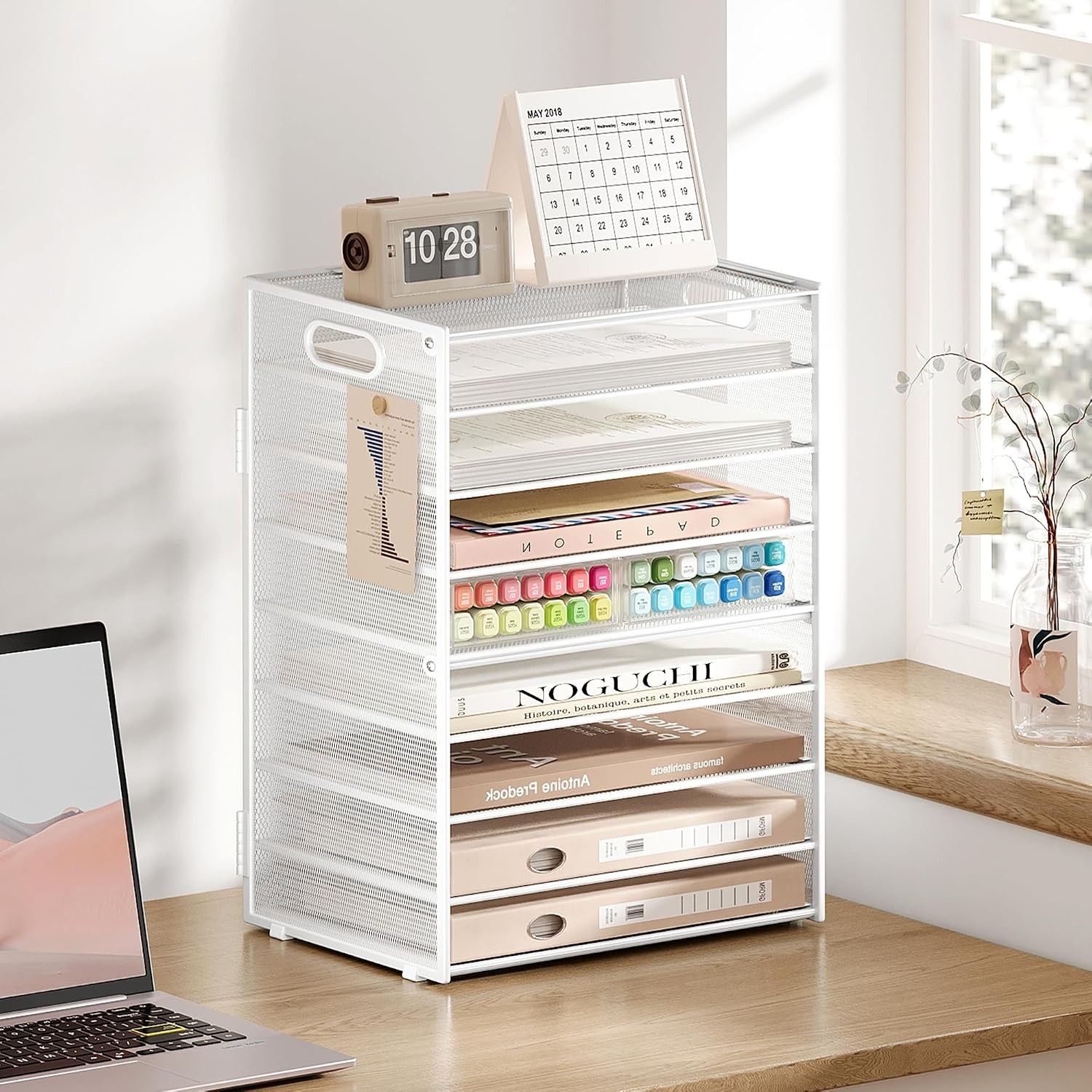 SUBEKYU 9 Tier Paper Letter Tray Desk Organizer with Handles – White Metal Mesh