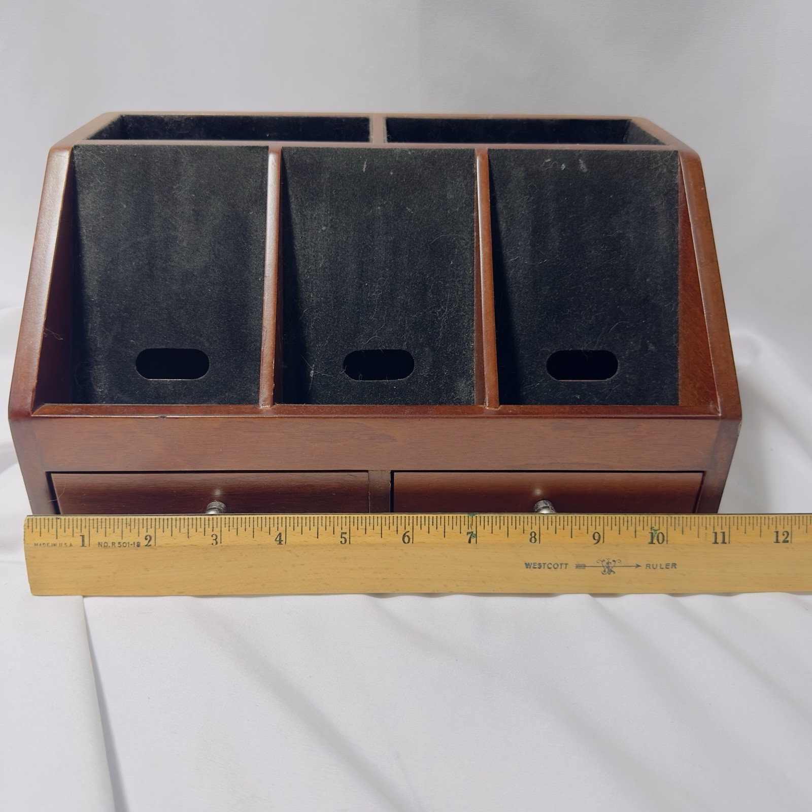 Vtg Wooden Office Desk Top Organizer Stationary 2 Drawer 5 Slots Felt Lined