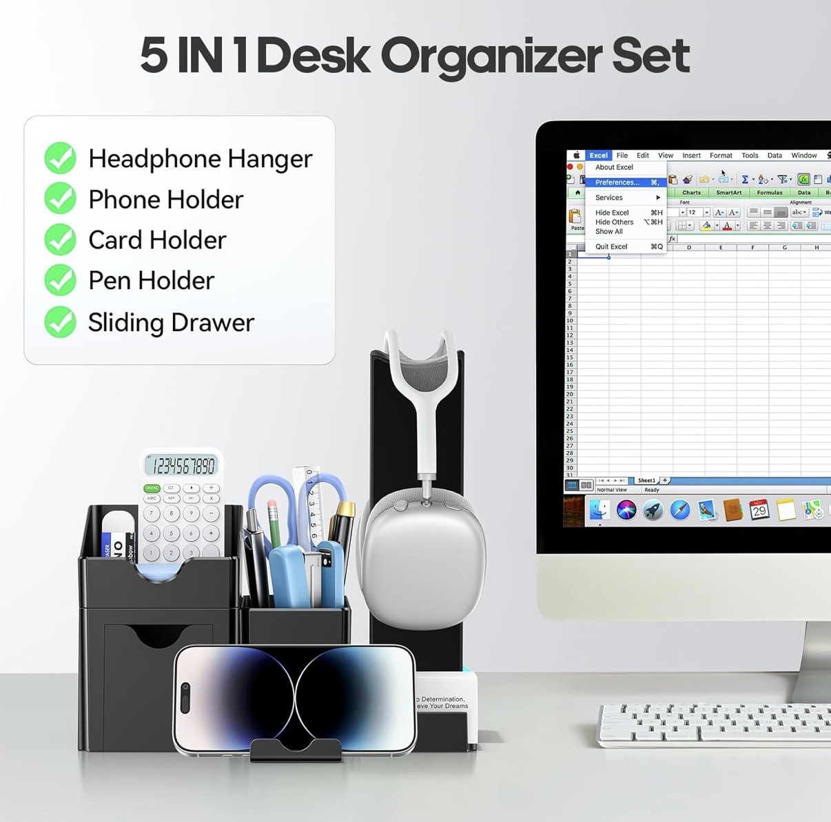 KDD 5-in-1 Desktop Organizer Set Headphone Phone Card Pen Holder Black Plastic