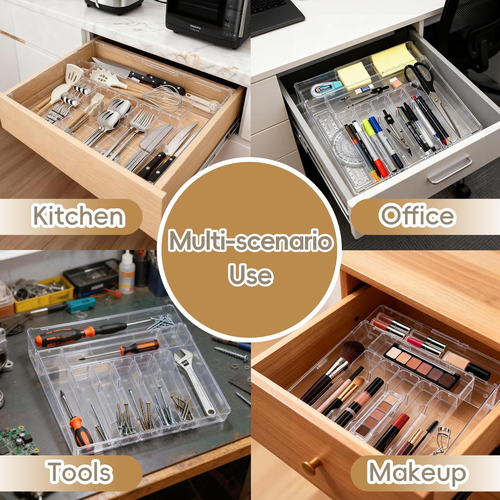 Pesilo Expandable Silverware Organizers for Kitchen Drawer, Clear Transparent
