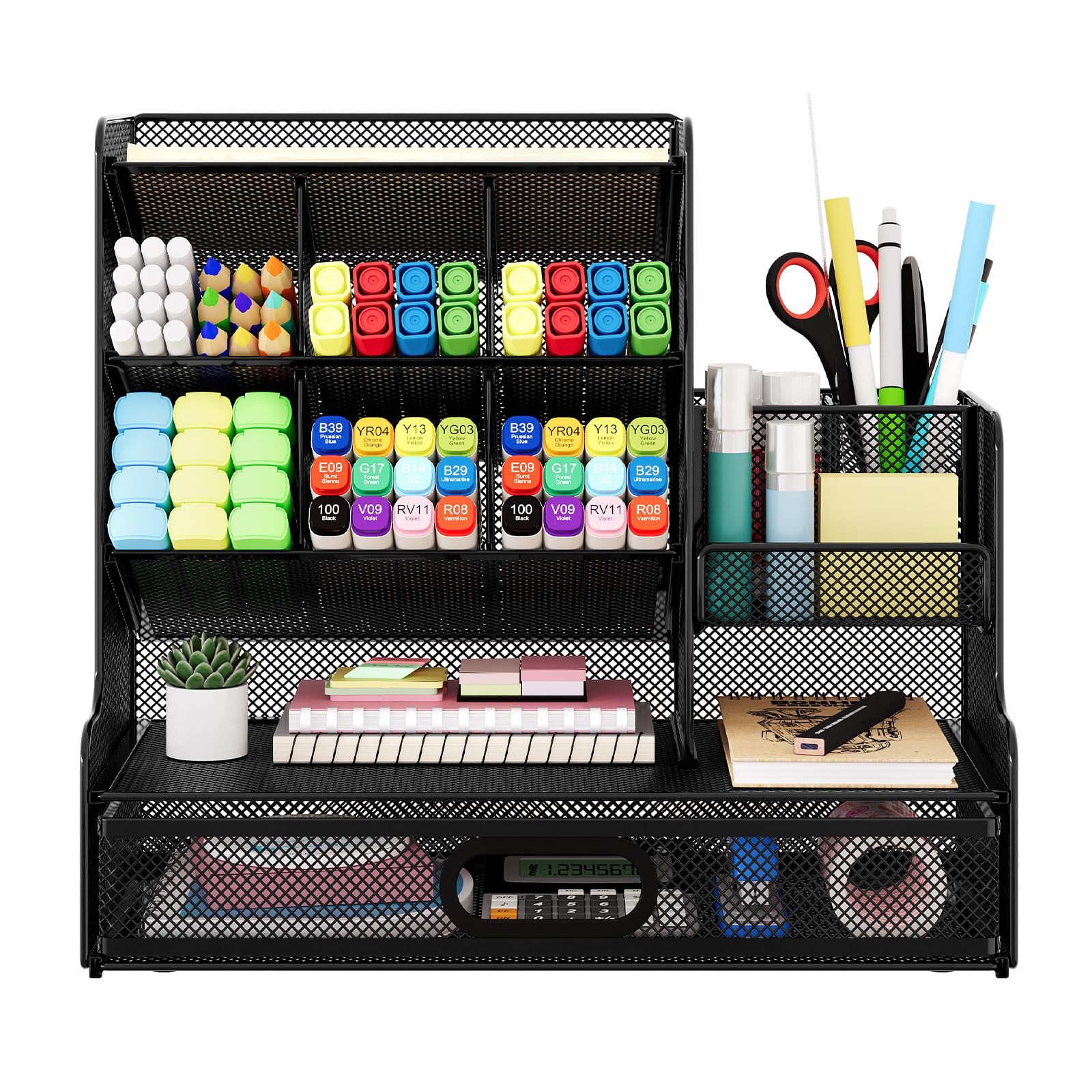 PAG-Mass Desk Organizer with Drawer, Mesh Marker Pen Holder for Desk, Black