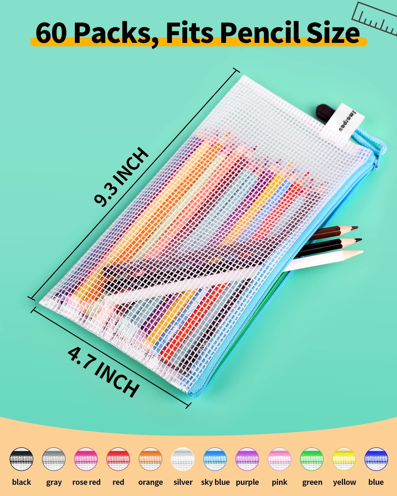 60 Pcs Pencil Pouch 12 Colors 9.3″ x 4.7″ Small Mesh Zipper Pouches Clear Pen…