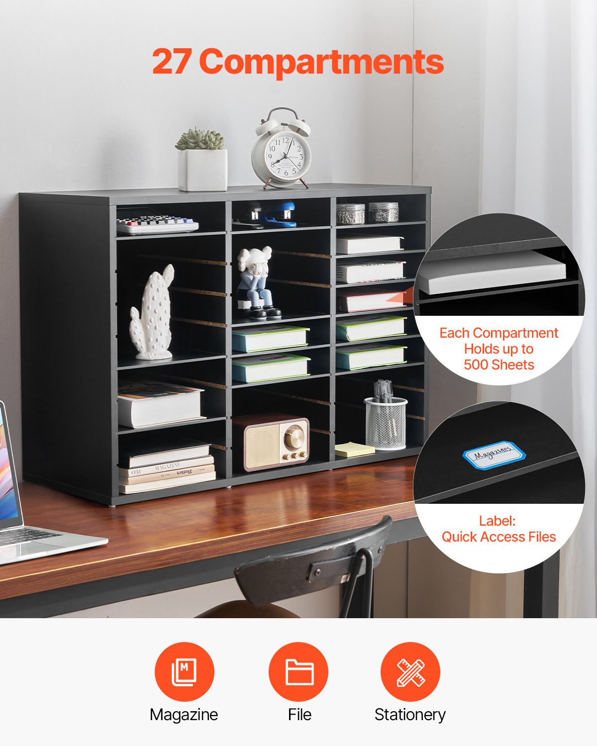 VEVOR Wooden Literature Organizer 27 Compartments with Removable Shelves Black