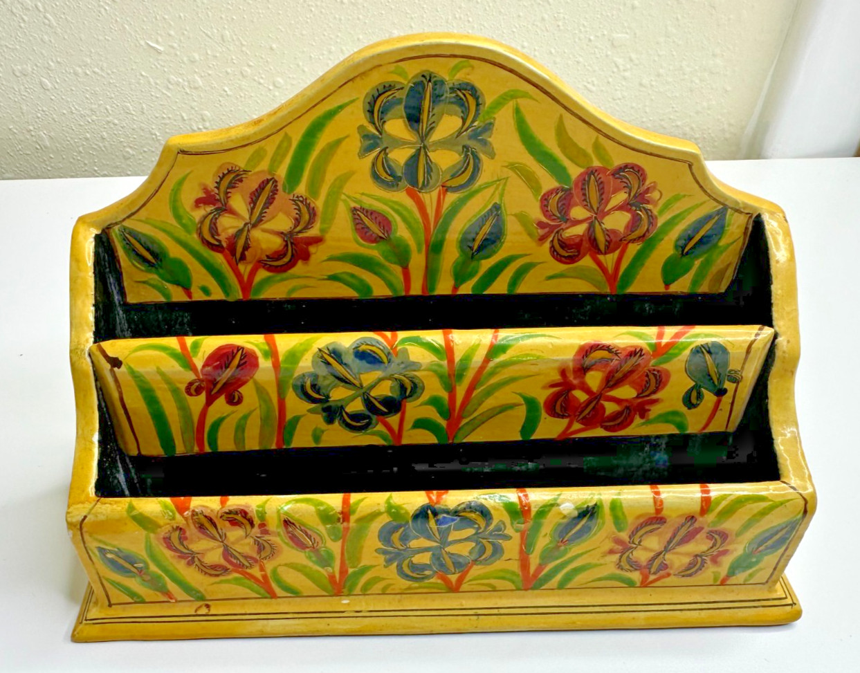 Desktop Letter Holder Yellow Painted Floral Organizer Paper Mache