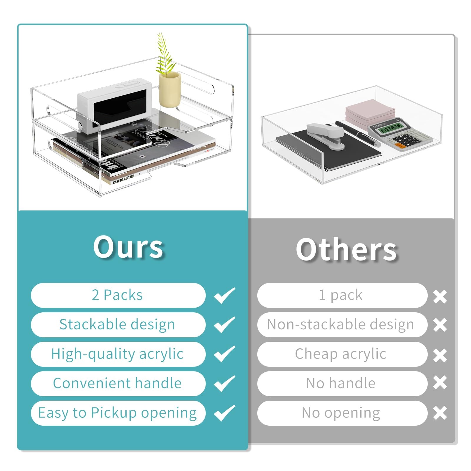 Acrylic Paper Tray 2 Pack Clear Letter Tray Desk Stackable Organizer for Scho…