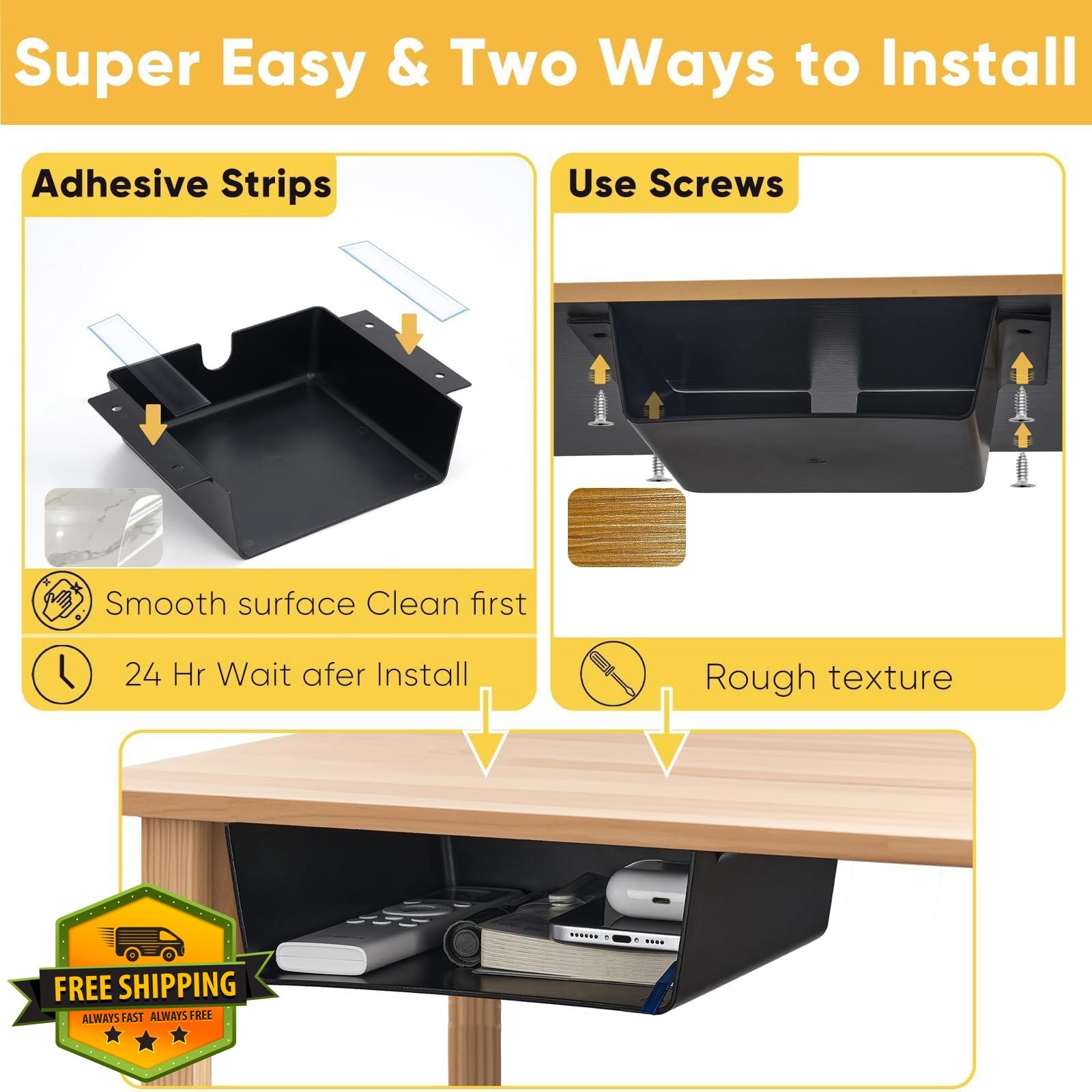 OrgaFocus 2 Pack Large Matte Black Under Desk Drawer