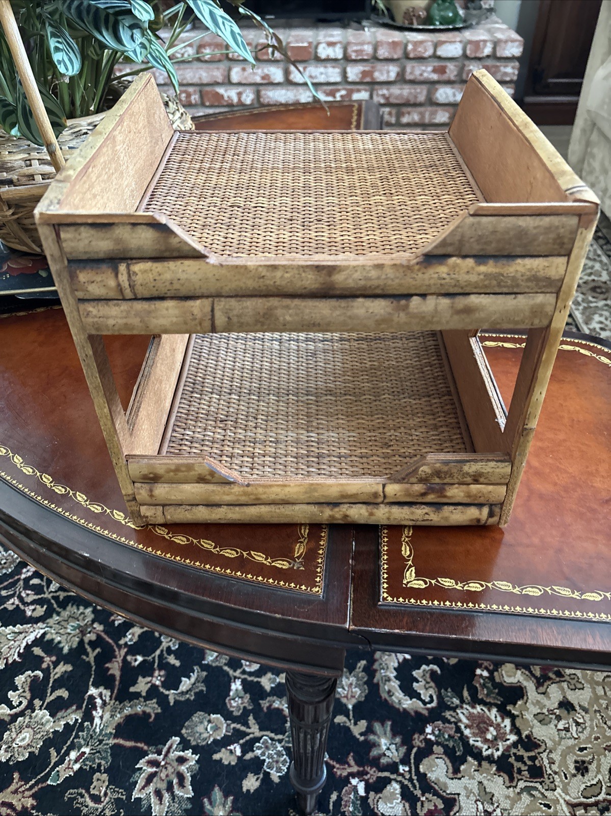 Bamboo Woven Rattan 2 Tiered Desk Organizer, Burnished 🔥 Good Condition