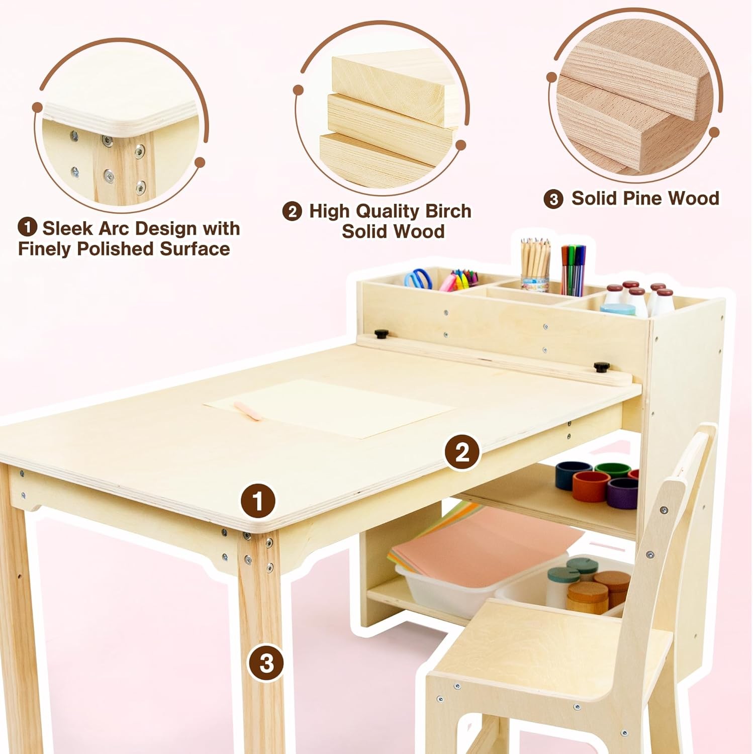 Kids Art Table and Chair Set, Birch Wooden Activity Craft Table, Kids