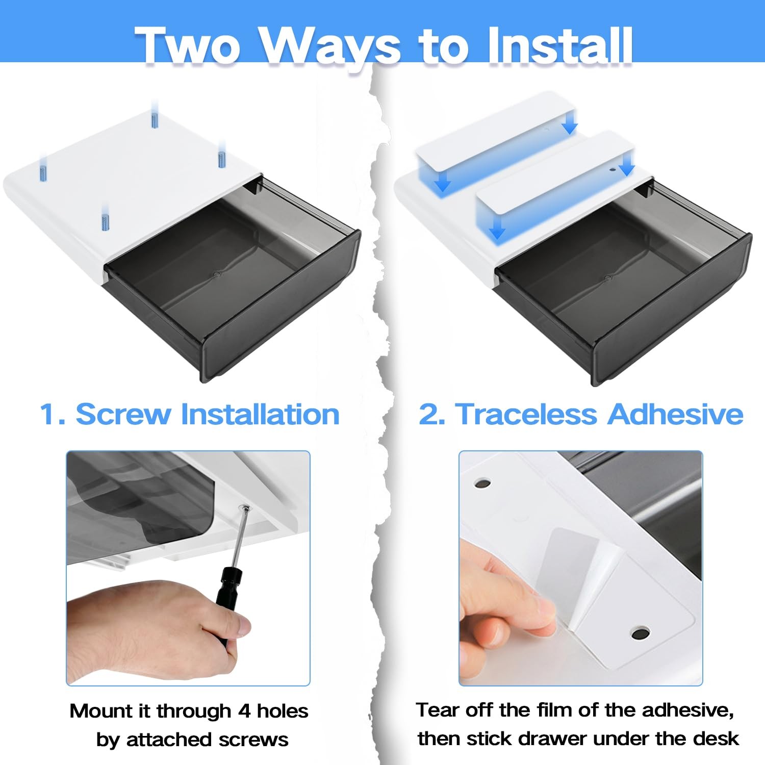 Self-adhesive Under Desk Drawer Organizer, 2 Pack Table Hidden Slide Out Large S