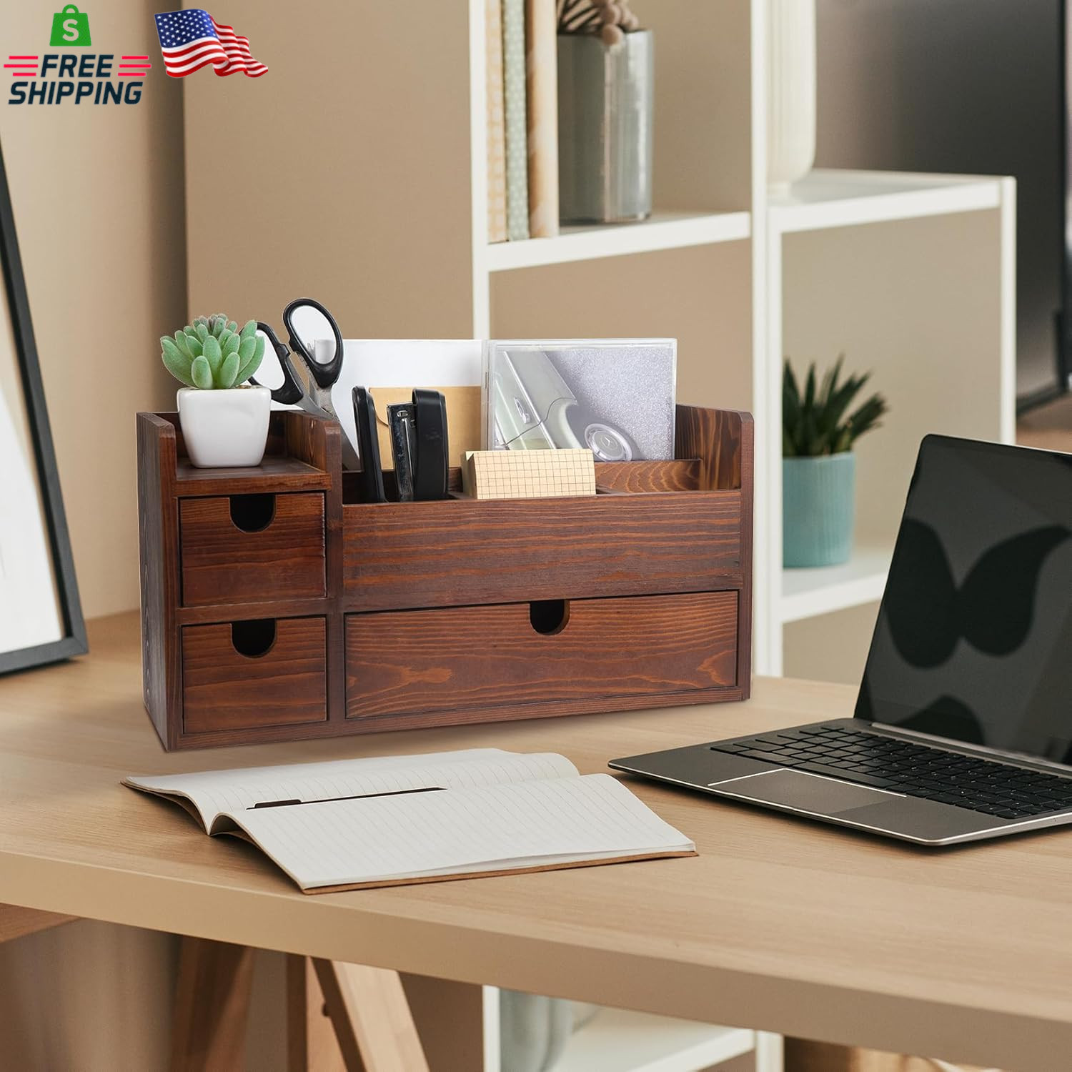 Rustic Brown Wooden Desktop Organizer Drawers Removable Office Supplies Torched