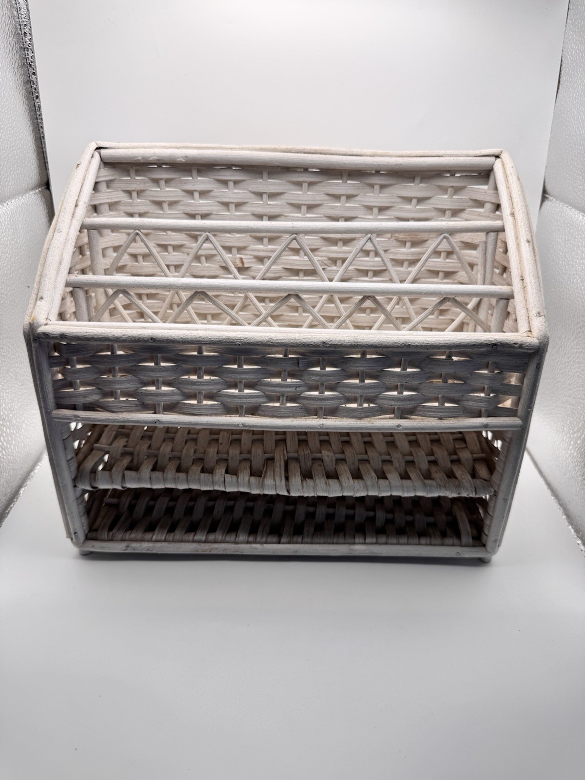 White Wicker Rattan Desk Top Organizer Office Mail Sorter Sturdy Letter Holder