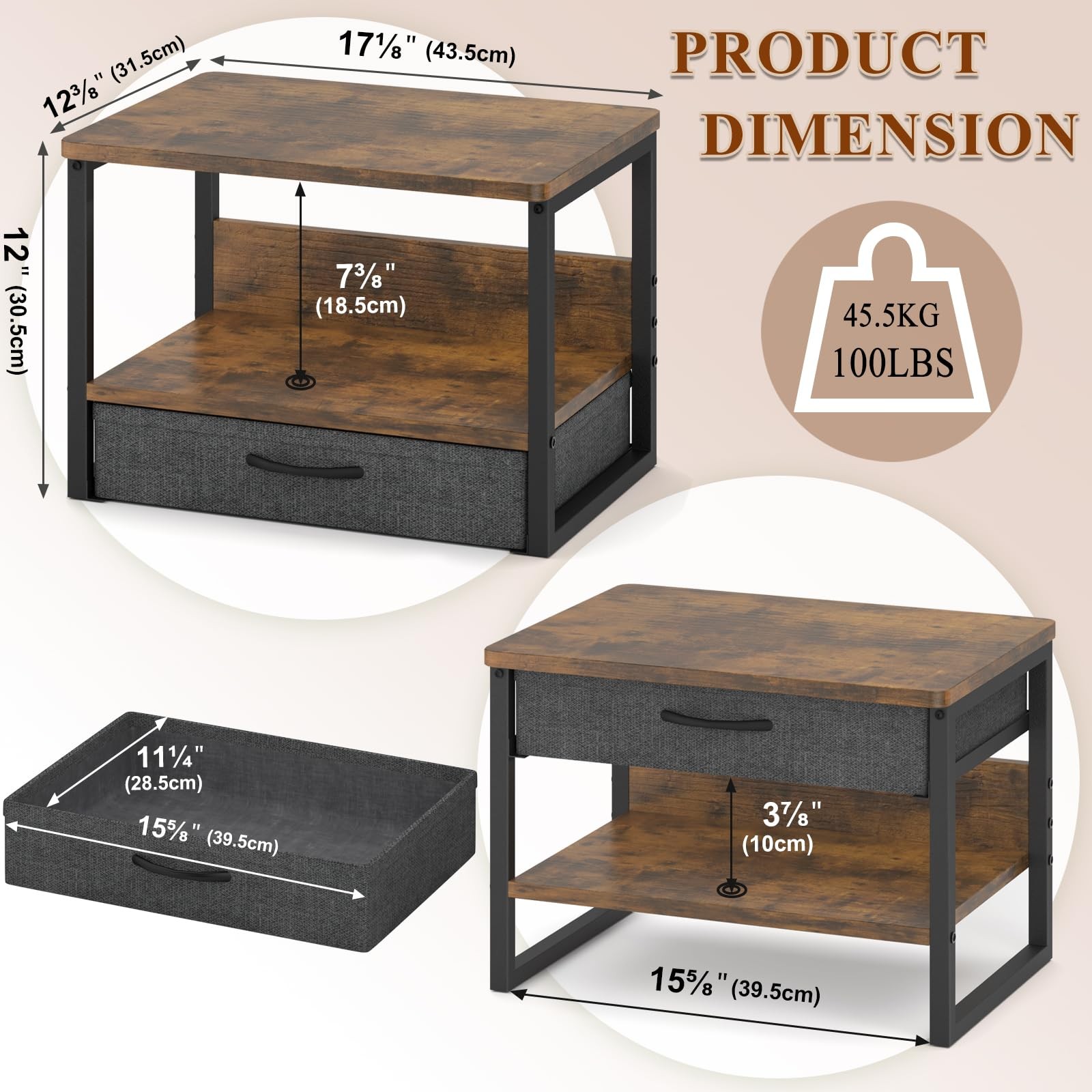 MARTY Printer Stand with Storage Drawer for 2 Tier Drawer, Rustic Brown
