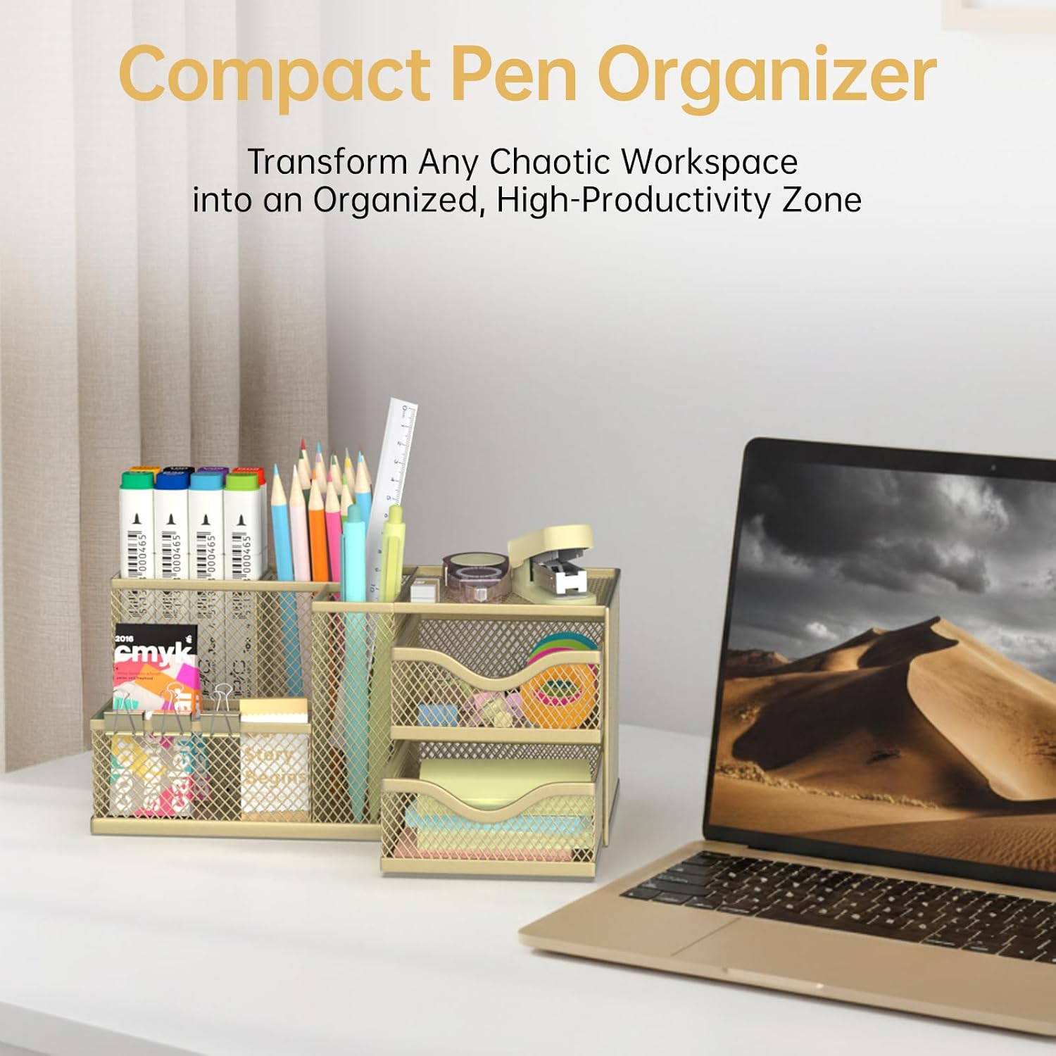Mesh Desk Organizer, Pen Organizer with 2 Drawers and 5 Compartments, Versatile