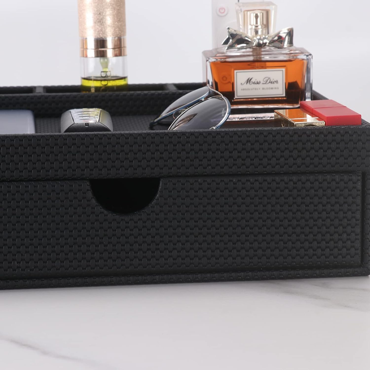 Stylish Black Leather Desk Organizer with Drawers & Dividers for Home & Office