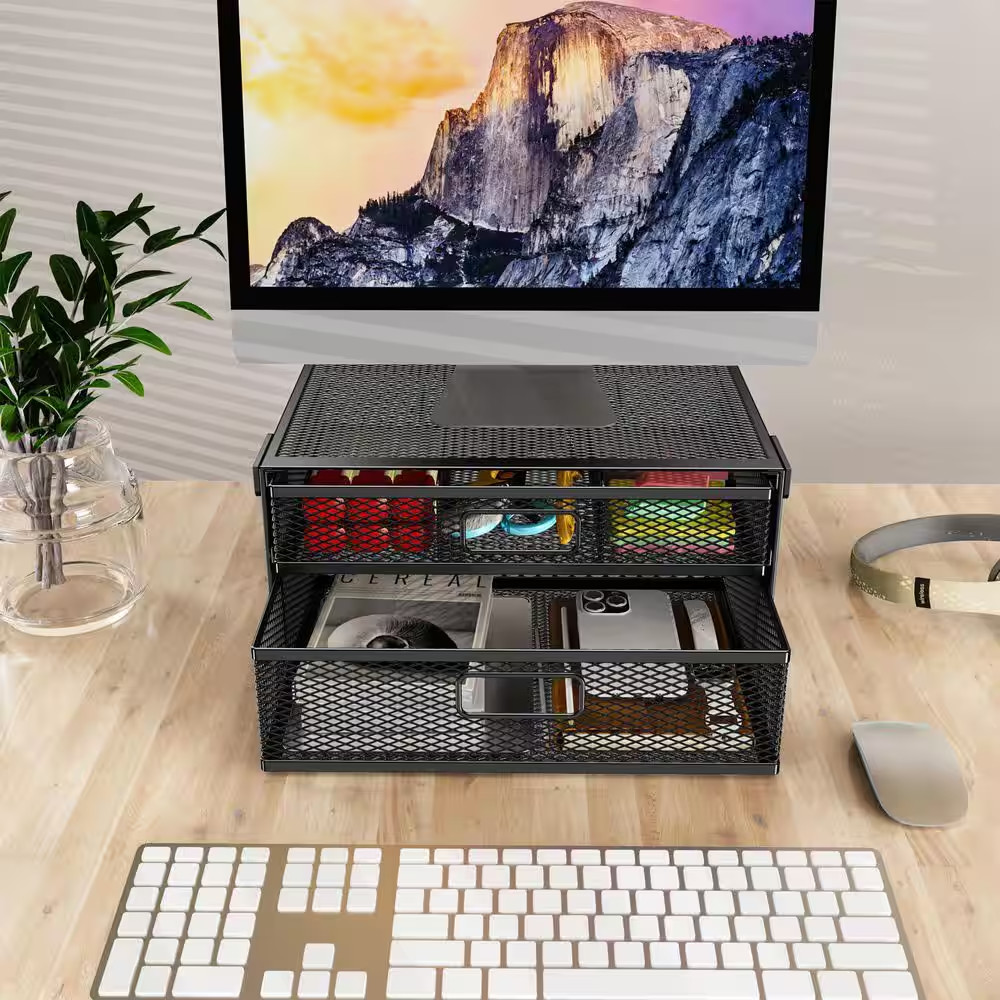 Black 15.7 In. X 6.3 In. Metal under Desk Storage Organizer with 2 Sliding Drawe