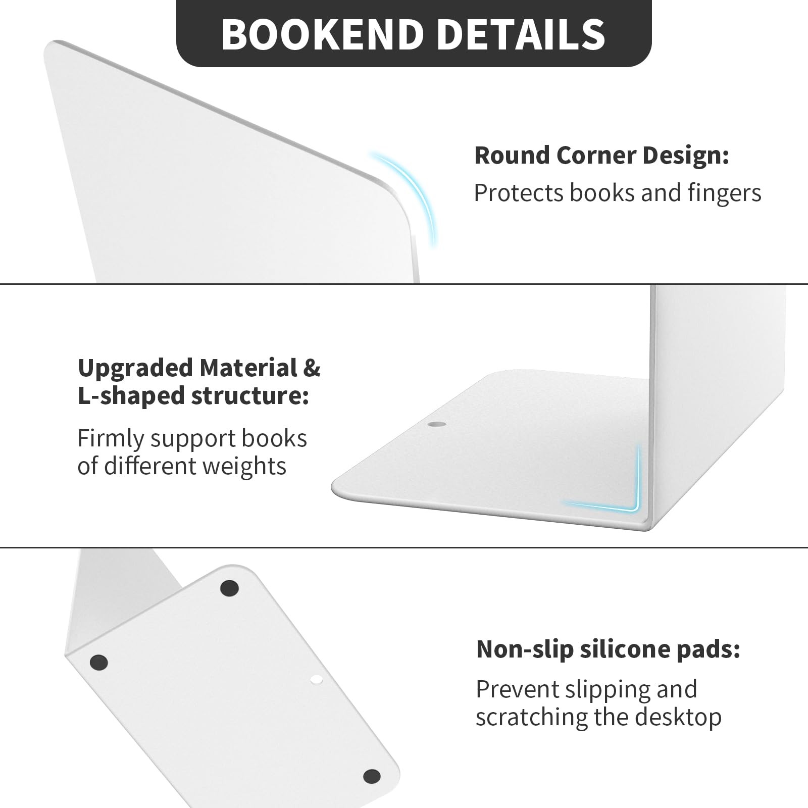 pindda Book Ends, 2 Pieces Metal Bookend 2 Pieces, B-white-frosted Surface
