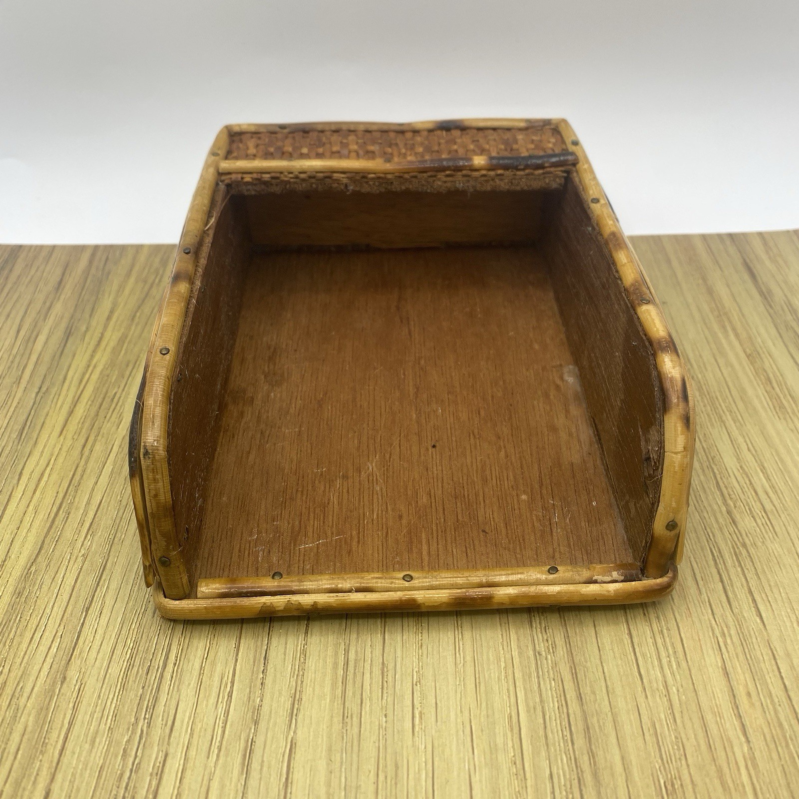 Bamboo Desk Organizer Notepad Tray Vintage Rattan MCM Boho 7 Inch Decor Gift