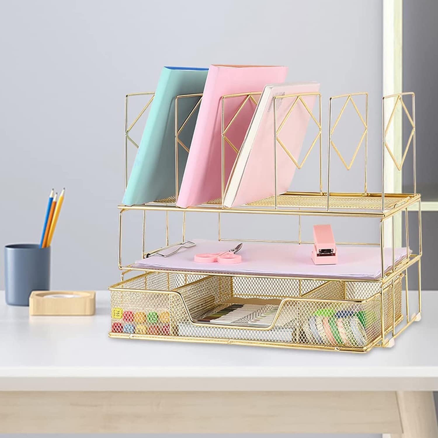 Mesh Desk Organizer with Sliding Drawer, Double Tray and 5 Upright Sections