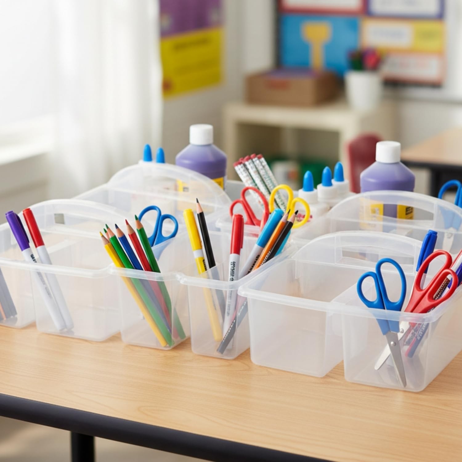 Fun Express 3 Compartment Clear Classroom Storage Caddies – 6 Pieces 14422828