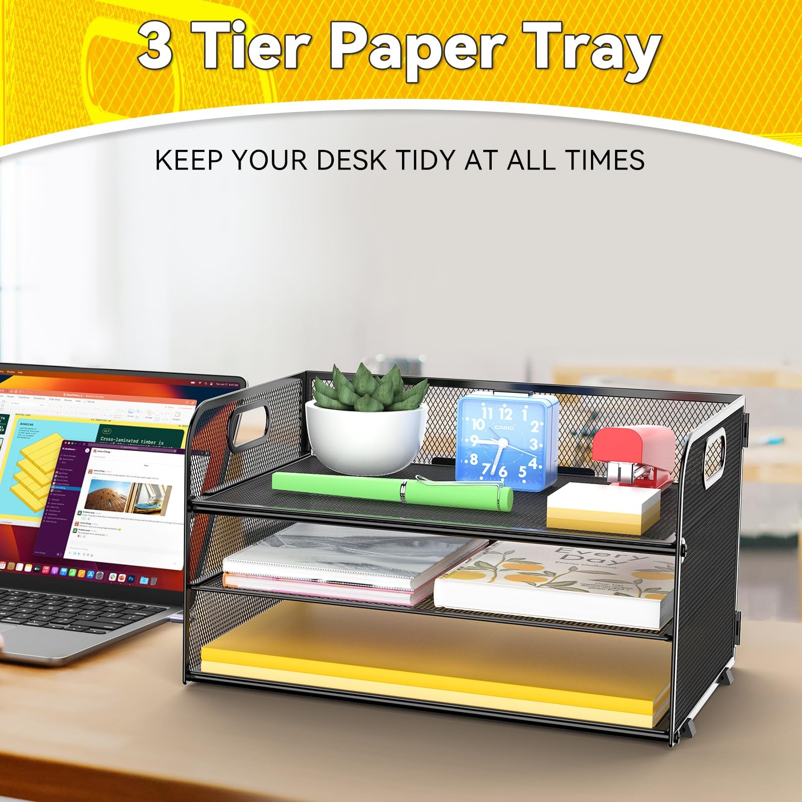 MINDEPOT 3 Tier Paper Organizer Tray with Handle, 12.8″ x 9″ x 7.5″, Black
