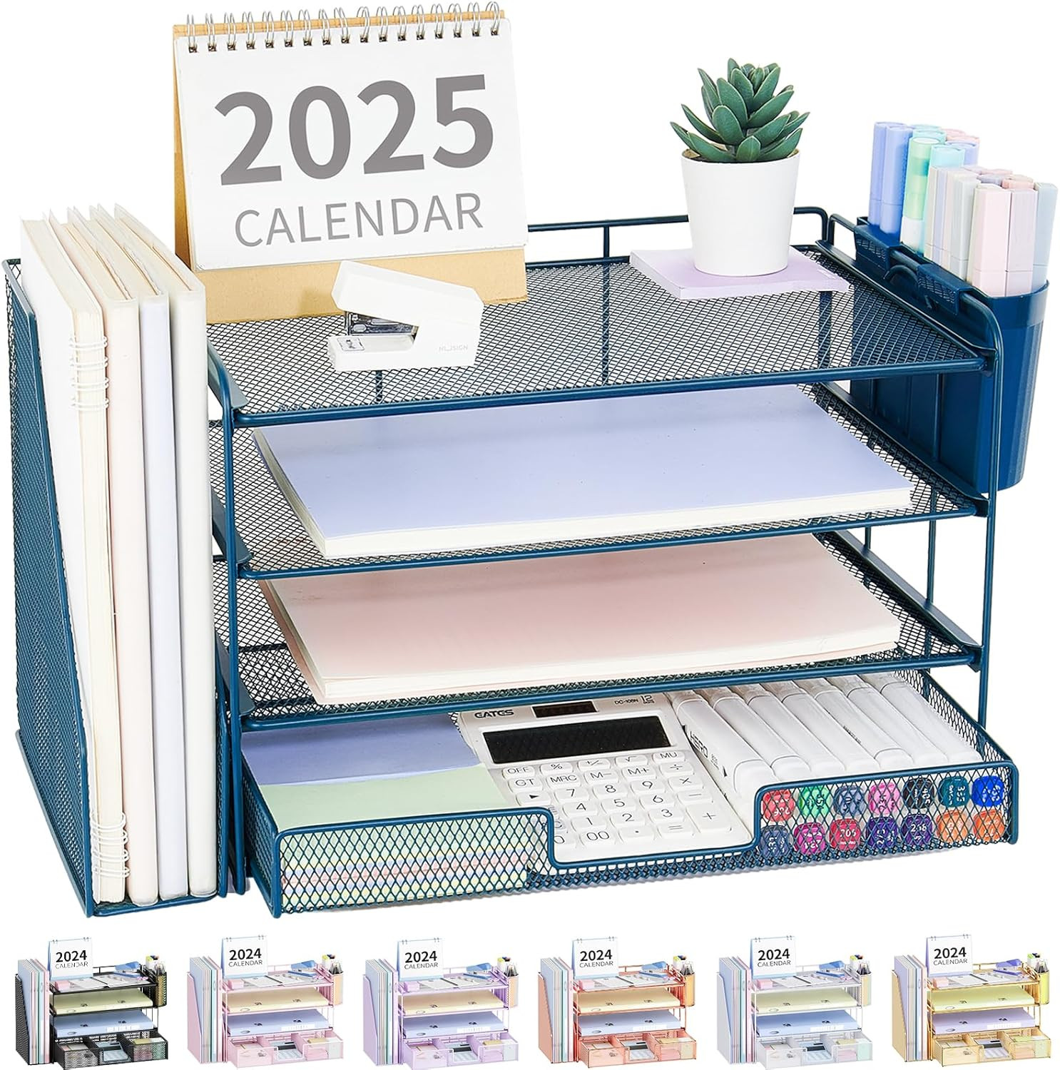 Desk Organizer, 4-Tier Desktop File Organizer with Drawer and 2 Pen Holders, Off