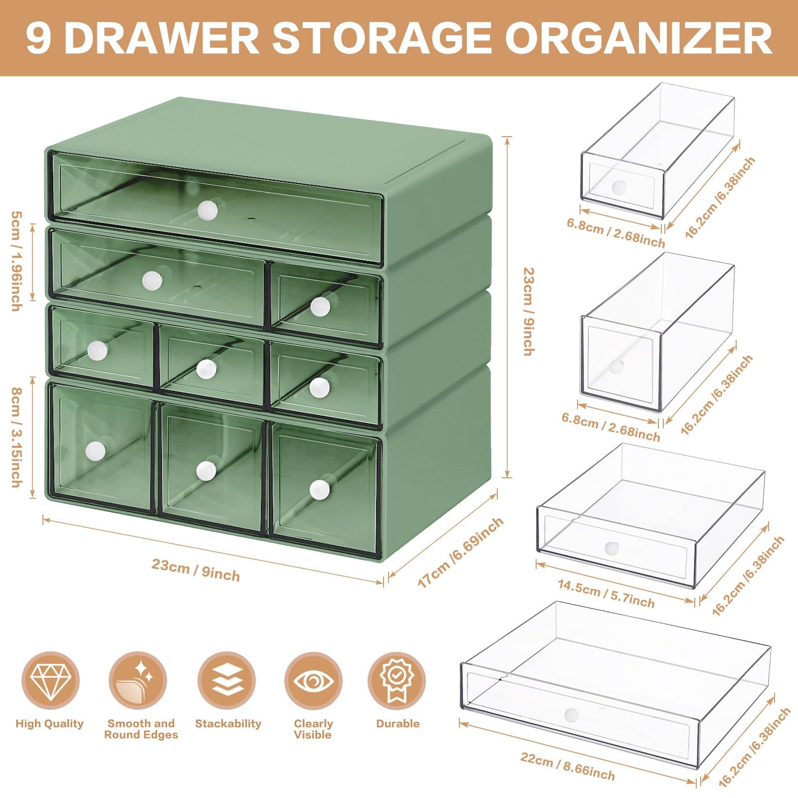 FODIENS 9Drawer Stackable Desk Organizer, Clear Storage Box, Green