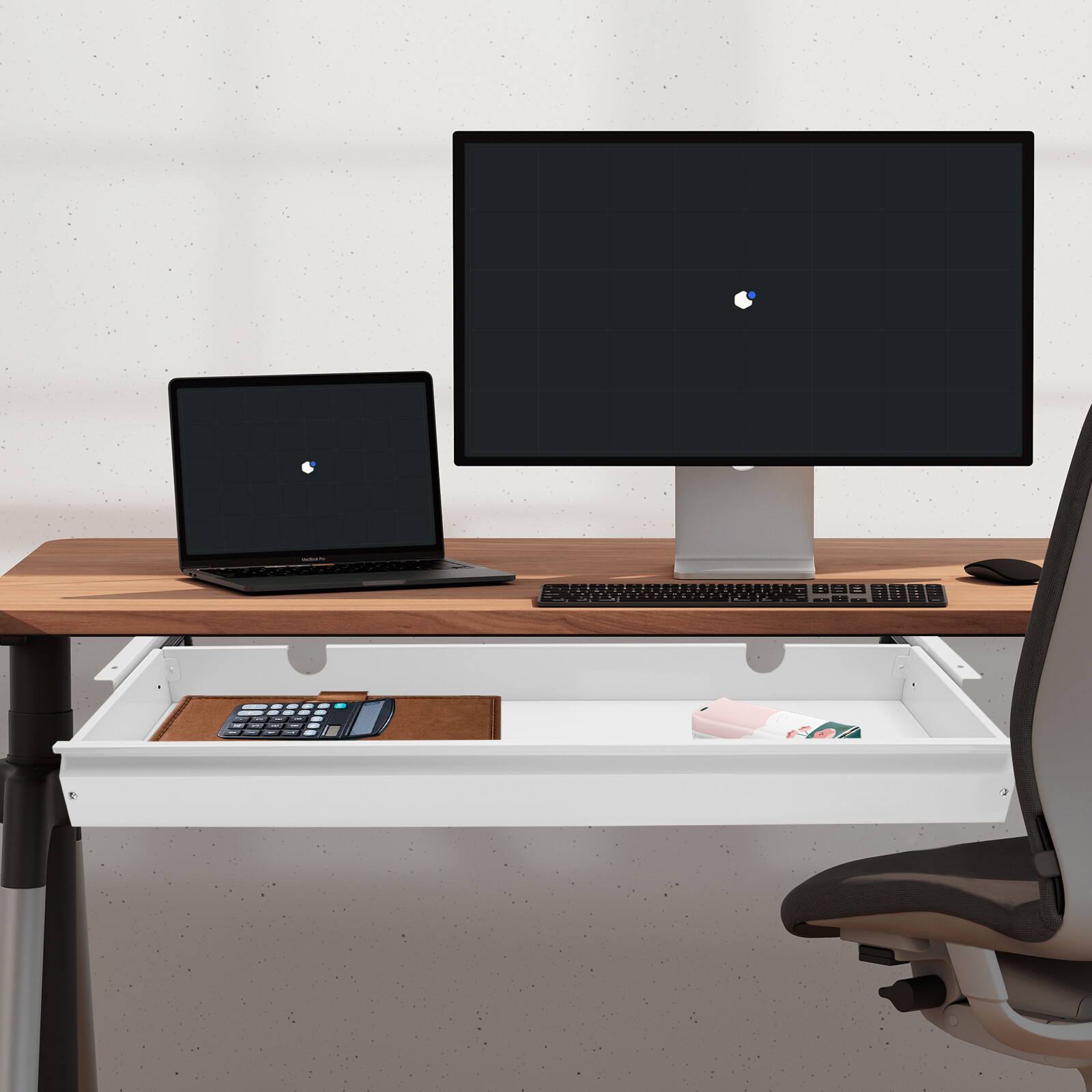 Under Desk Sliding Pull-Out Drawer White 33.3 × 9.2 In Mount For Sit-Stand Desk