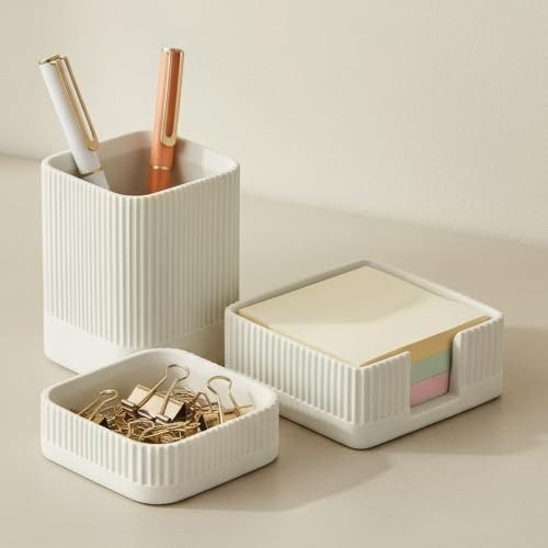 Desk Organizer Set of 3 Concrete Pen Holder Paperclip Sticky Notes Office Gray