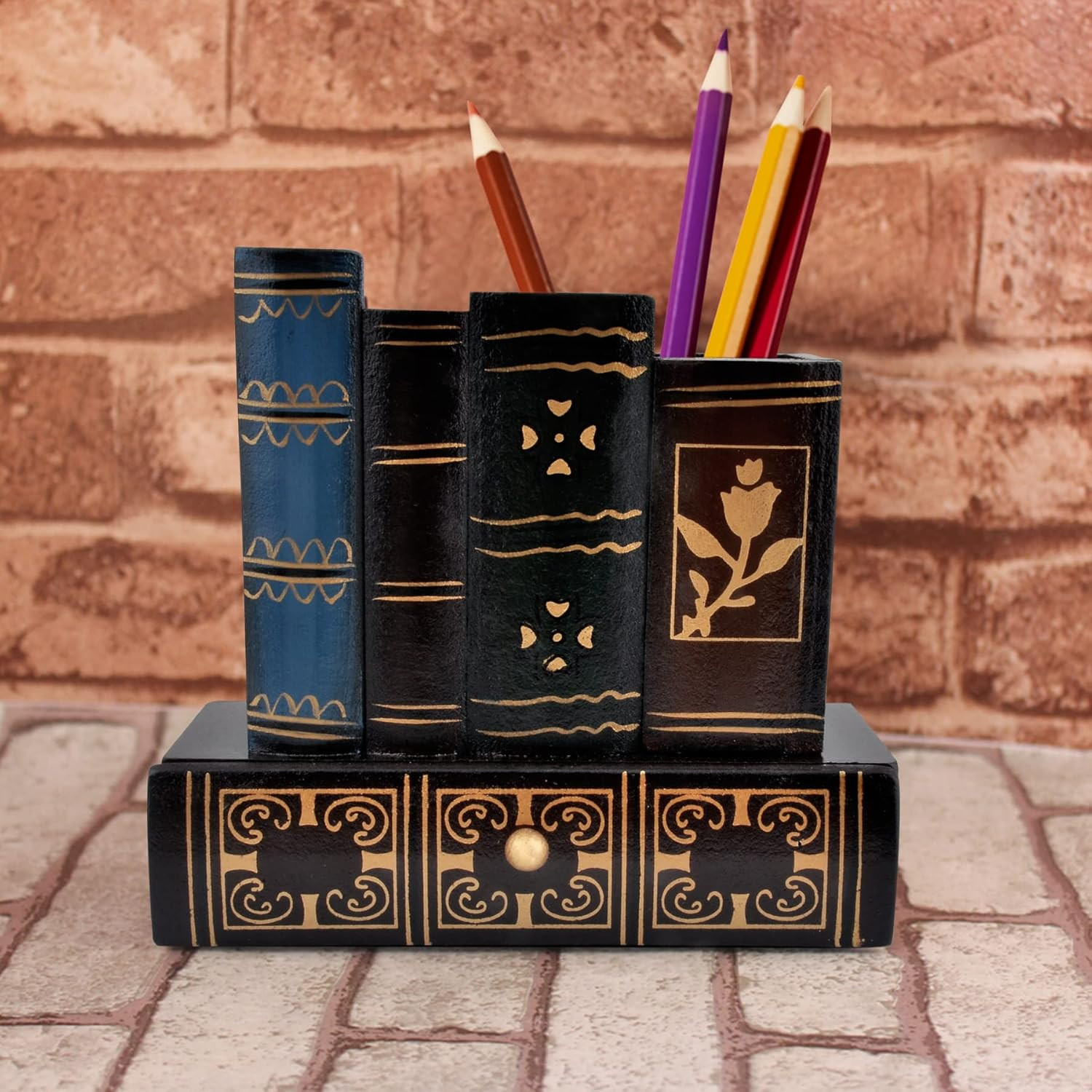 Vintage Book Pen Holder Retro Pen Desk Organizer with Drawer Wooden Fake Book Sh