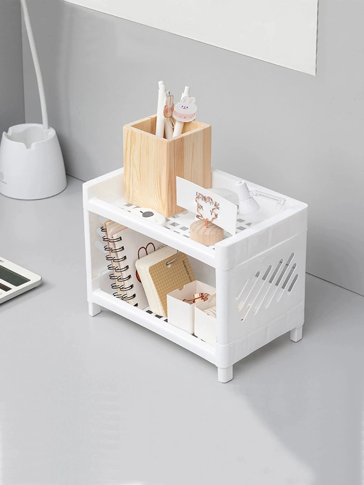 Double Layer Desktop Storage Rack PP Organizer Office Makeup Stationery Holder