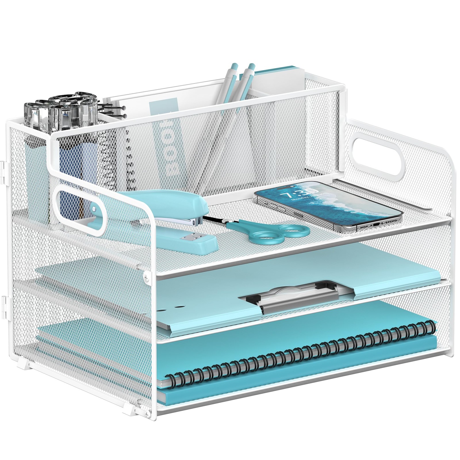 JMHUD 3 Tier Paper Letter Tray Organizer with Pen Holder for 1 Pack, White