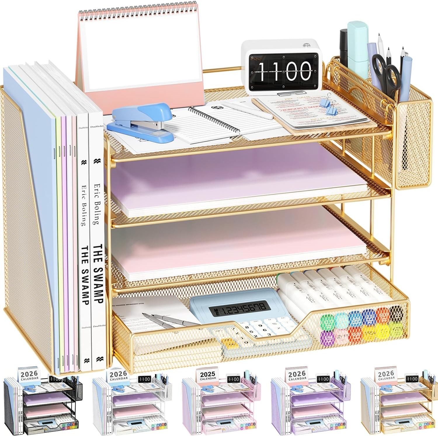 Stylish Gold Desk Organizer with Sliding Drawer & Pen Holder – Easy Assembly